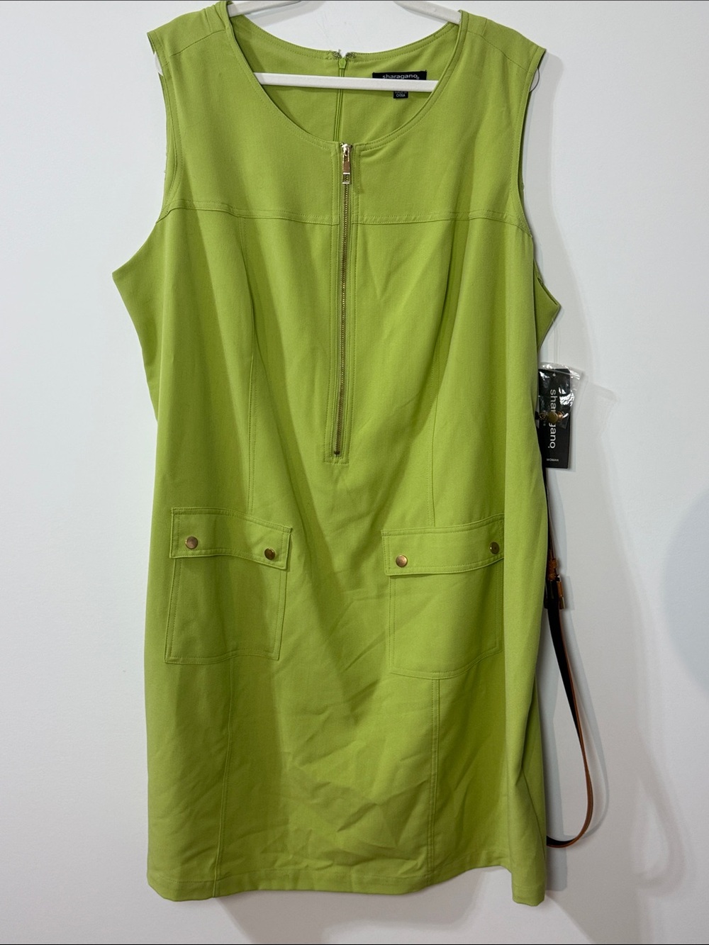 Plus Size 22W Sharagano Avocado Green Shift Dress w/ Front Zip & 2 Front Pockets